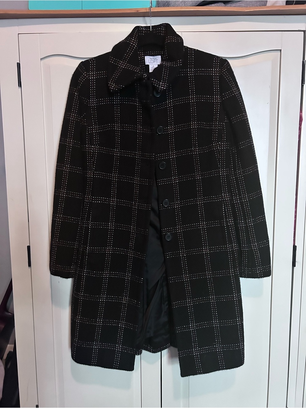 LOFT Black Windowpane Wool-Blend Pea Coat